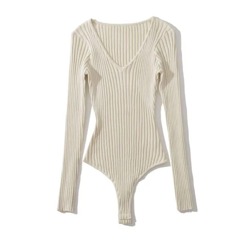 Chic Cream Ribbed Bodysuit - Picture 2 of 9